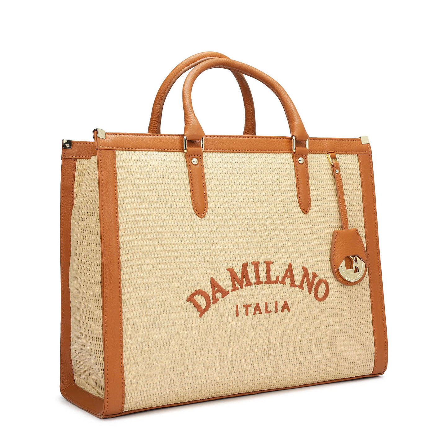 Medium Raffia Wax Leather Book Tote - Beige & Orange