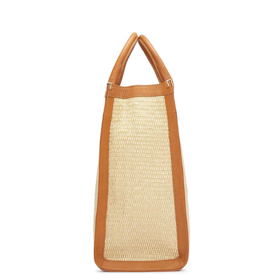 Medium Raffia Wax Leather Book Tote - Beige & Orange