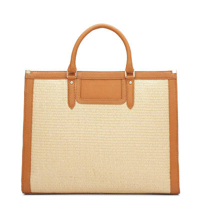 Medium Raffia Wax Leather Book Tote - Beige & Orange