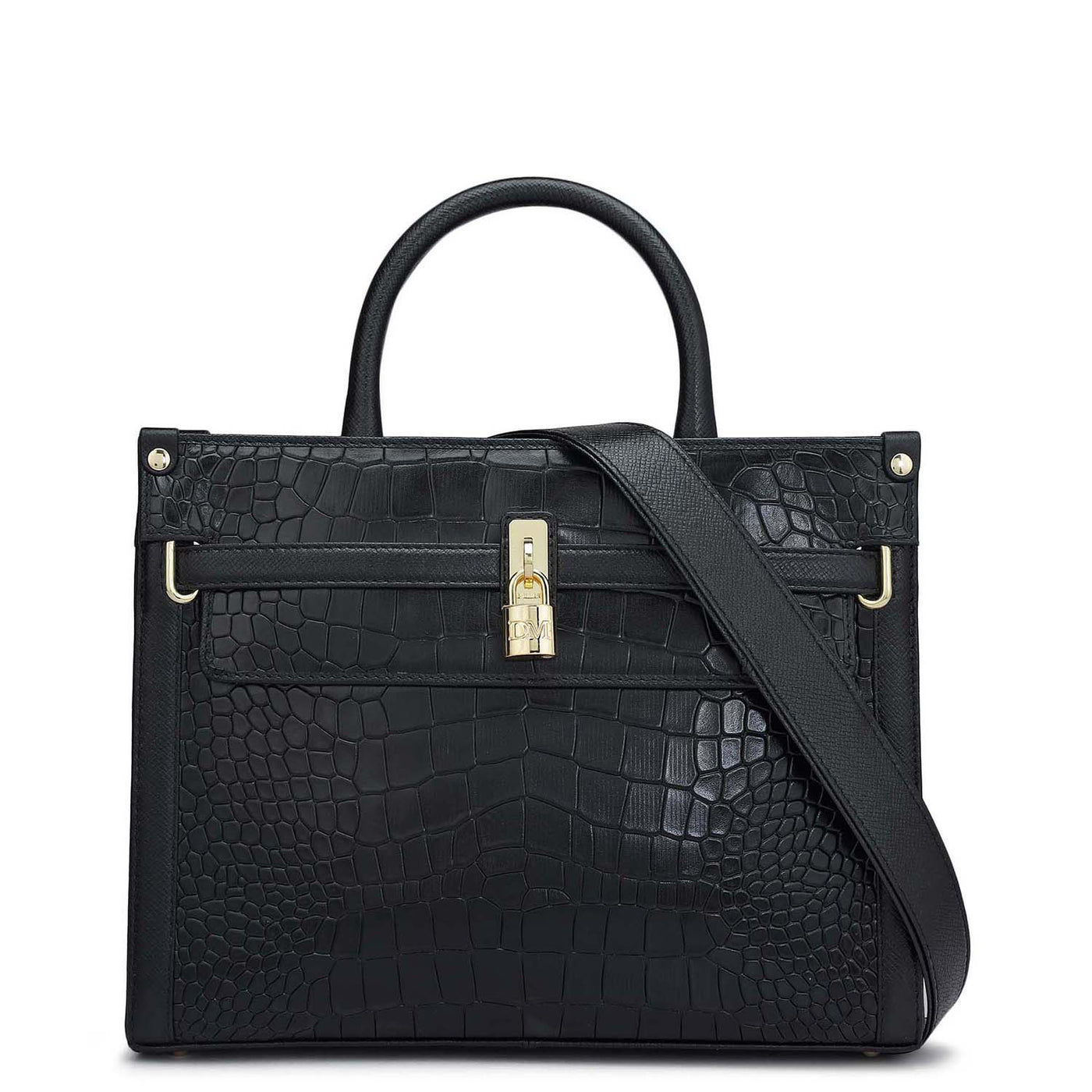 Small Croco Leather Book Tote - Black