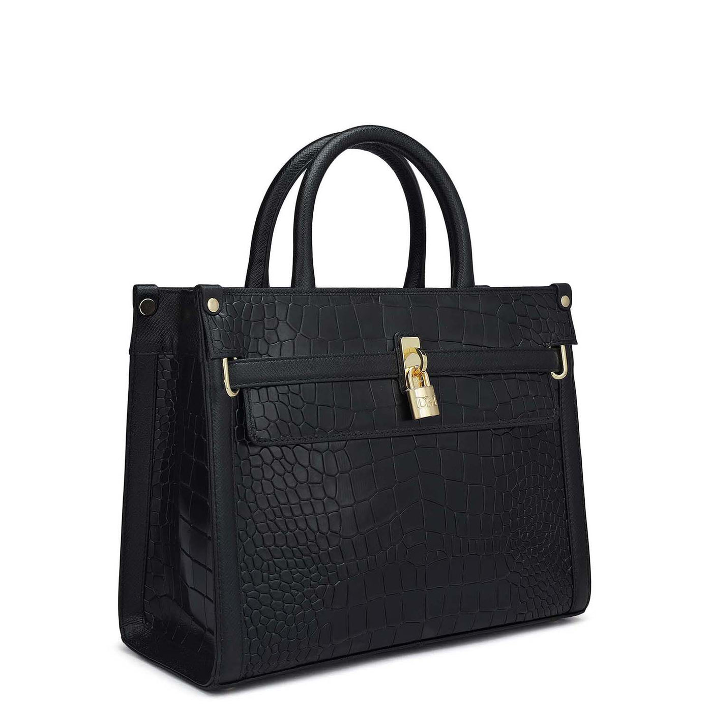 Small Croco Leather Book Tote - Black