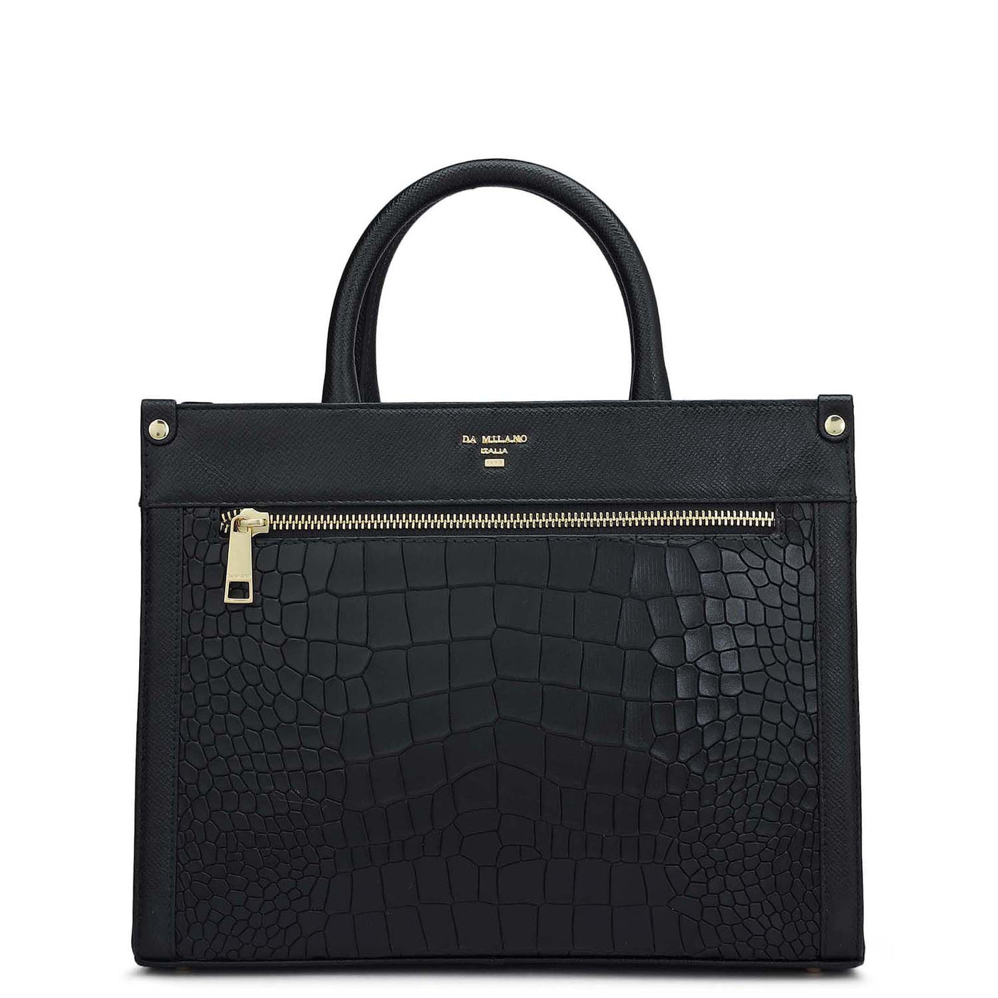 Small Croco Leather Book Tote - Black