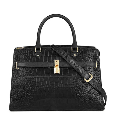 Medium Croco Leather Satchel - Black