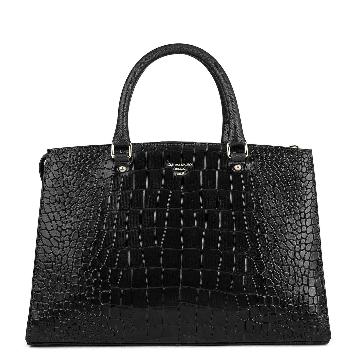 Medium Croco Leather Satchel - Black