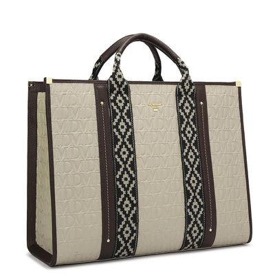 Large Monogram Leather Book Tote - Khaki