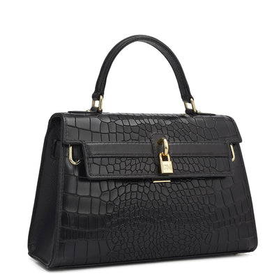 Small Croco Leather Satchel - Black