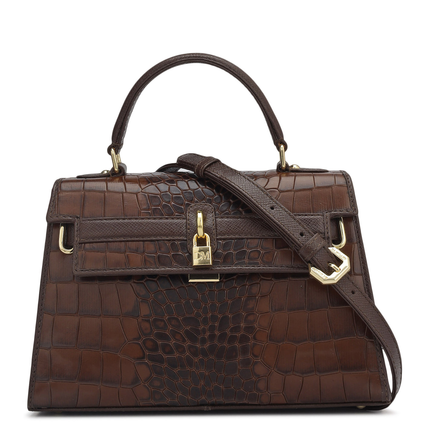 Small Croco Leather Satchel - Brown