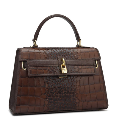 Small Croco Leather Satchel - Brown