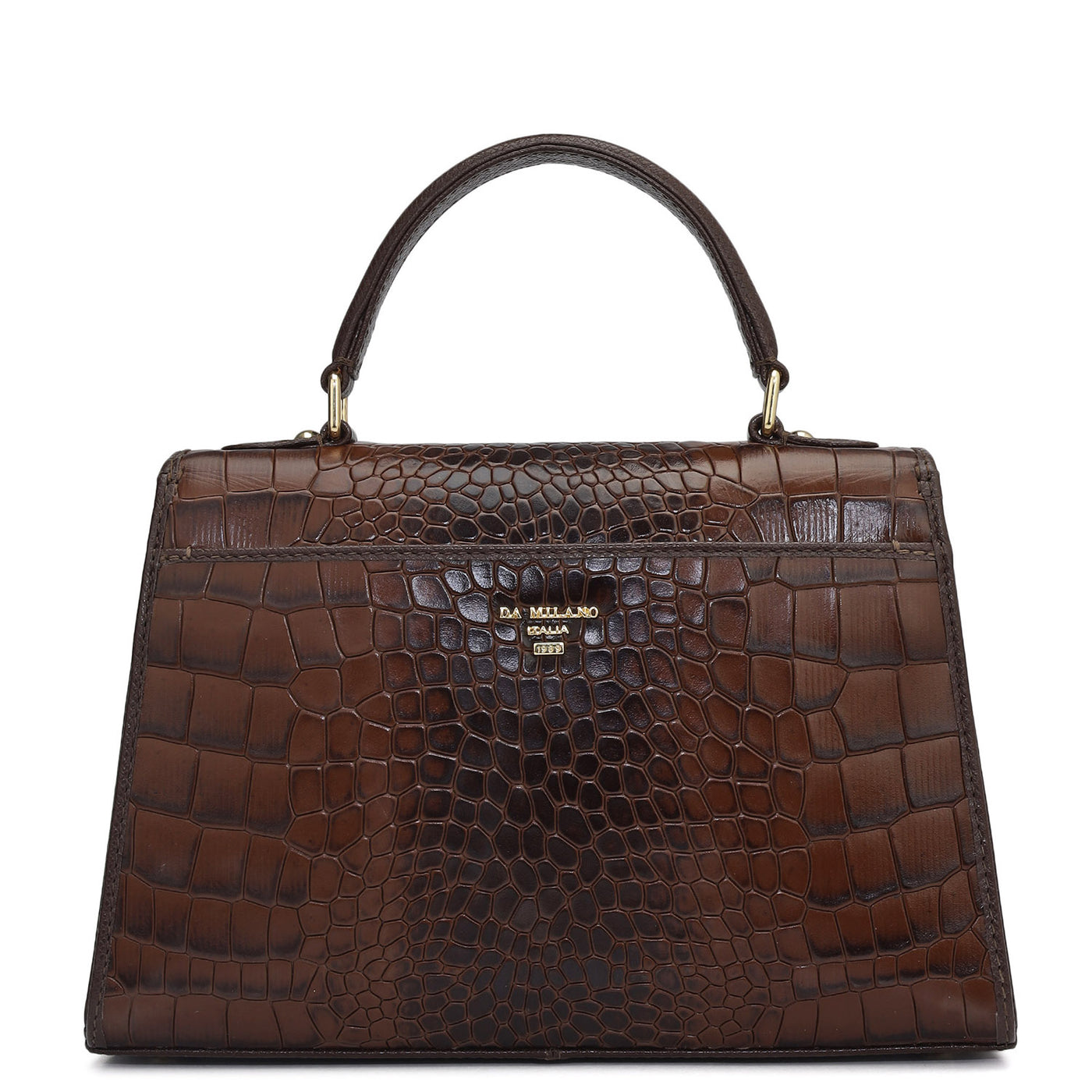 Small Croco Leather Satchel - Brown