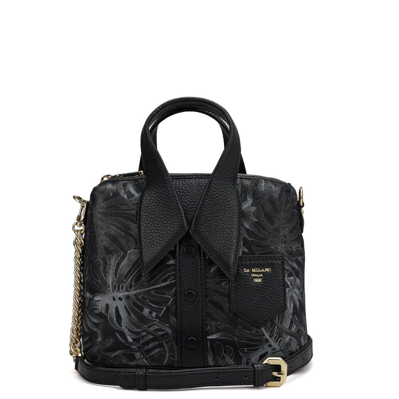 Small Floral Leather Satchel - Black