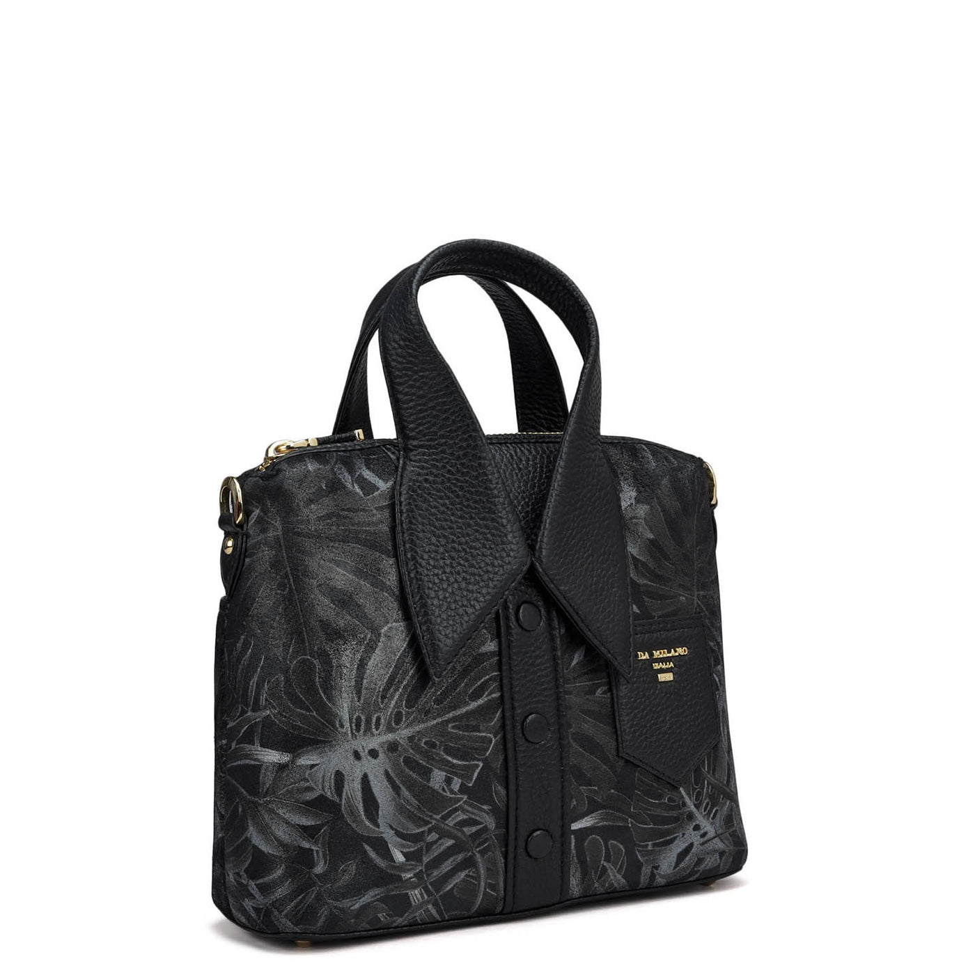 Small Floral Leather Satchel - Black