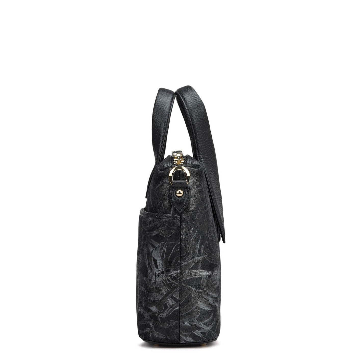 Small Floral Leather Satchel - Black