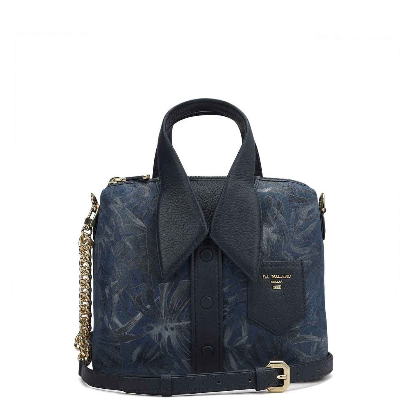 Small Floral Leather Satchel - Navy Blue