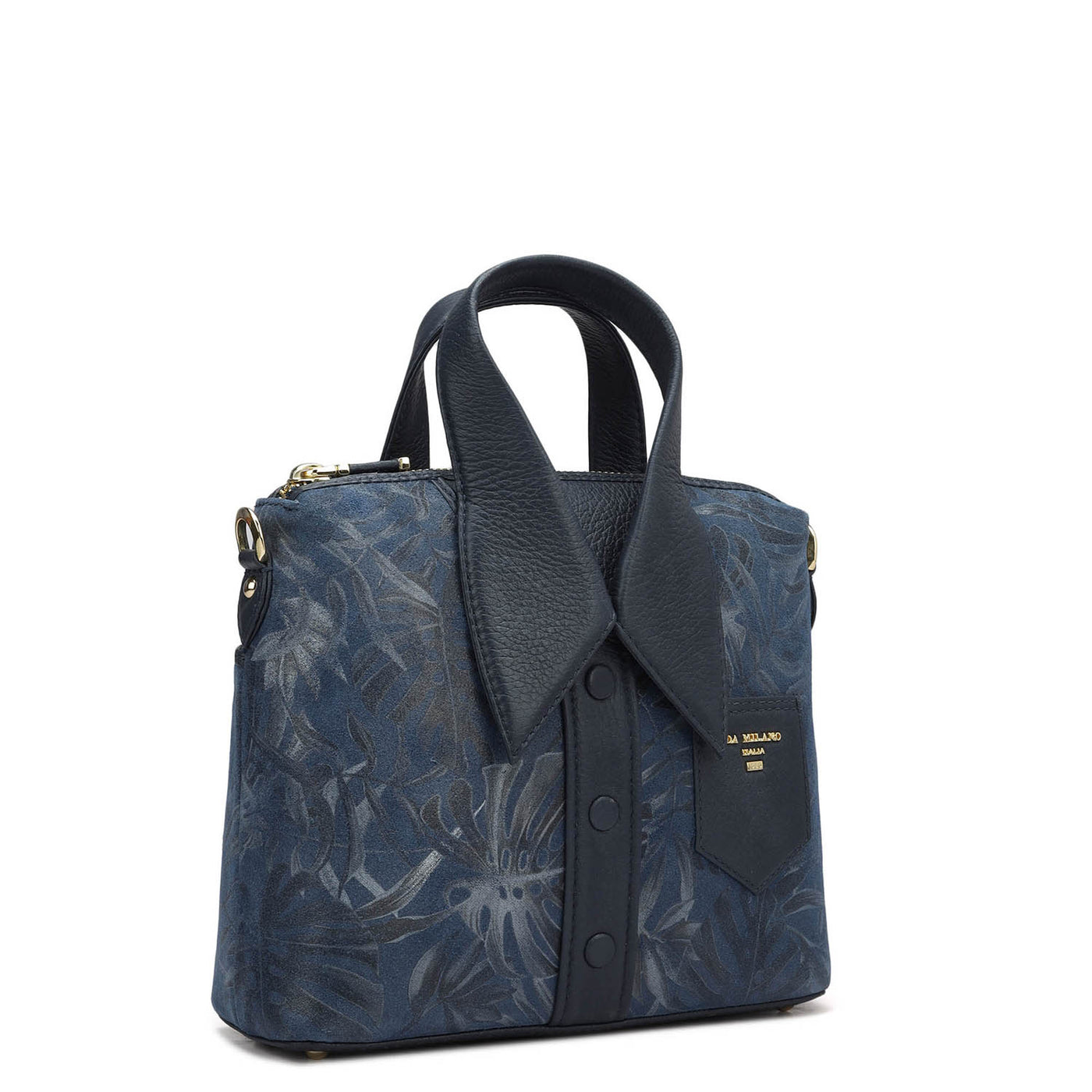 Small Floral Leather Satchel - Navy Blue