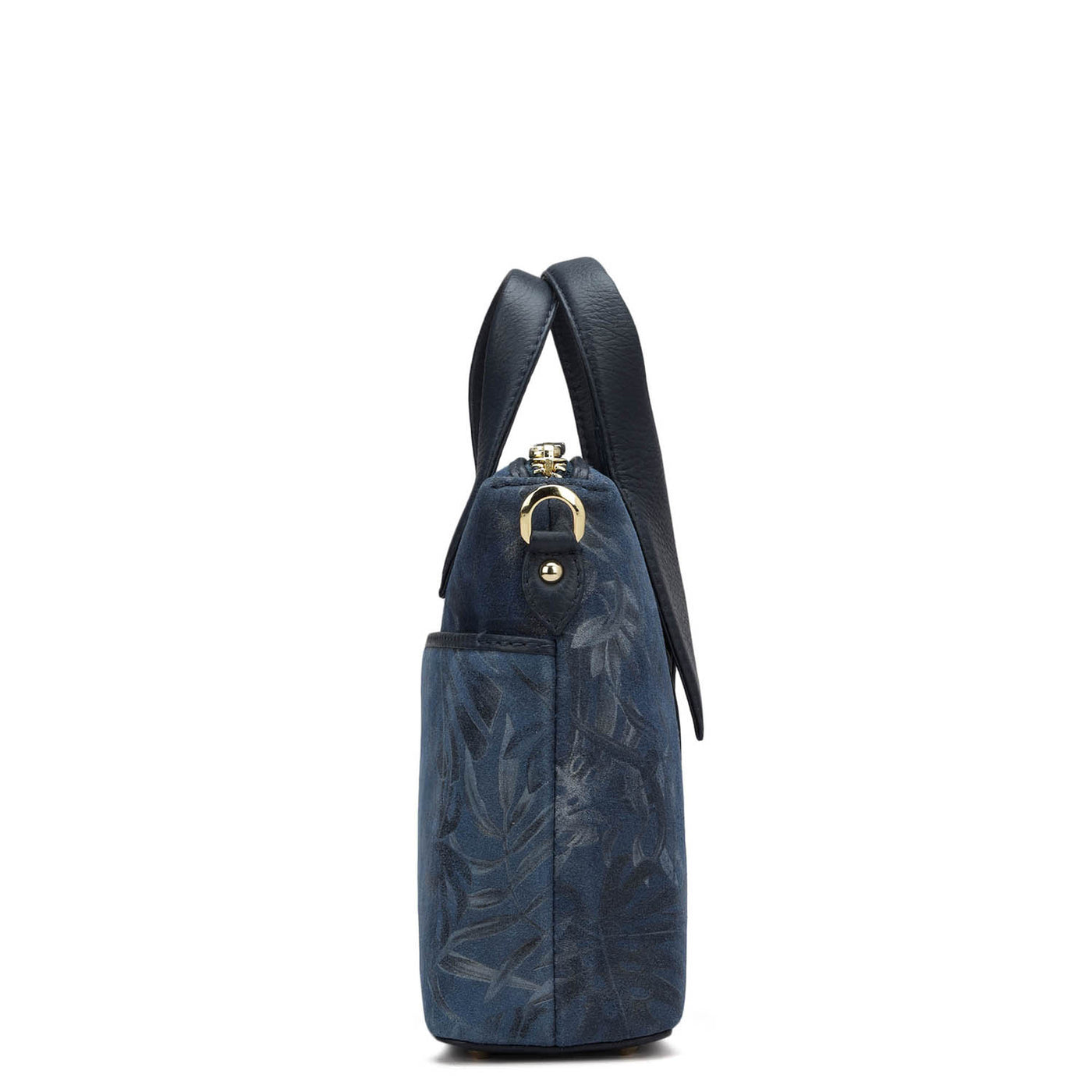 Small Floral Leather Satchel - Navy Blue