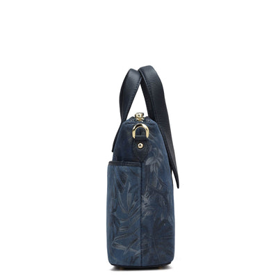 Small Floral Leather Satchel - Navy Blue