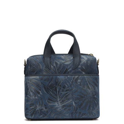 Small Floral Leather Satchel - Navy Blue