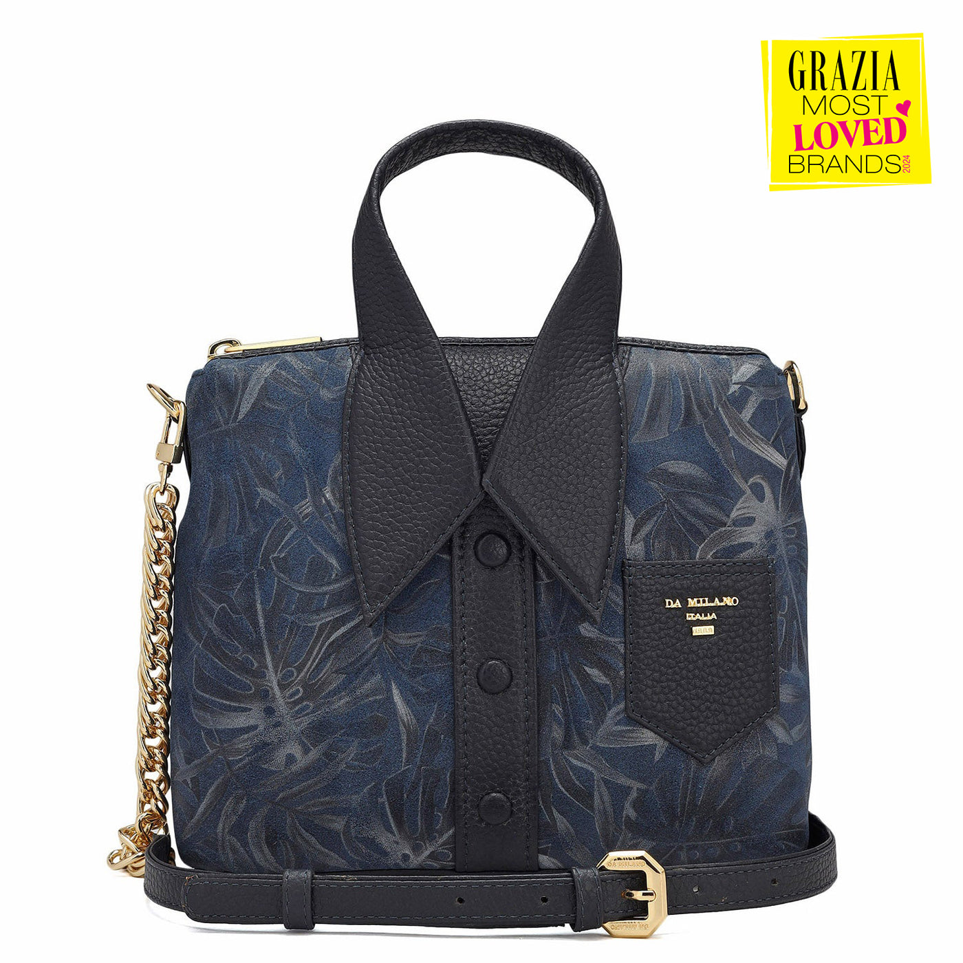 Small Floral Leather Satchel - Blue