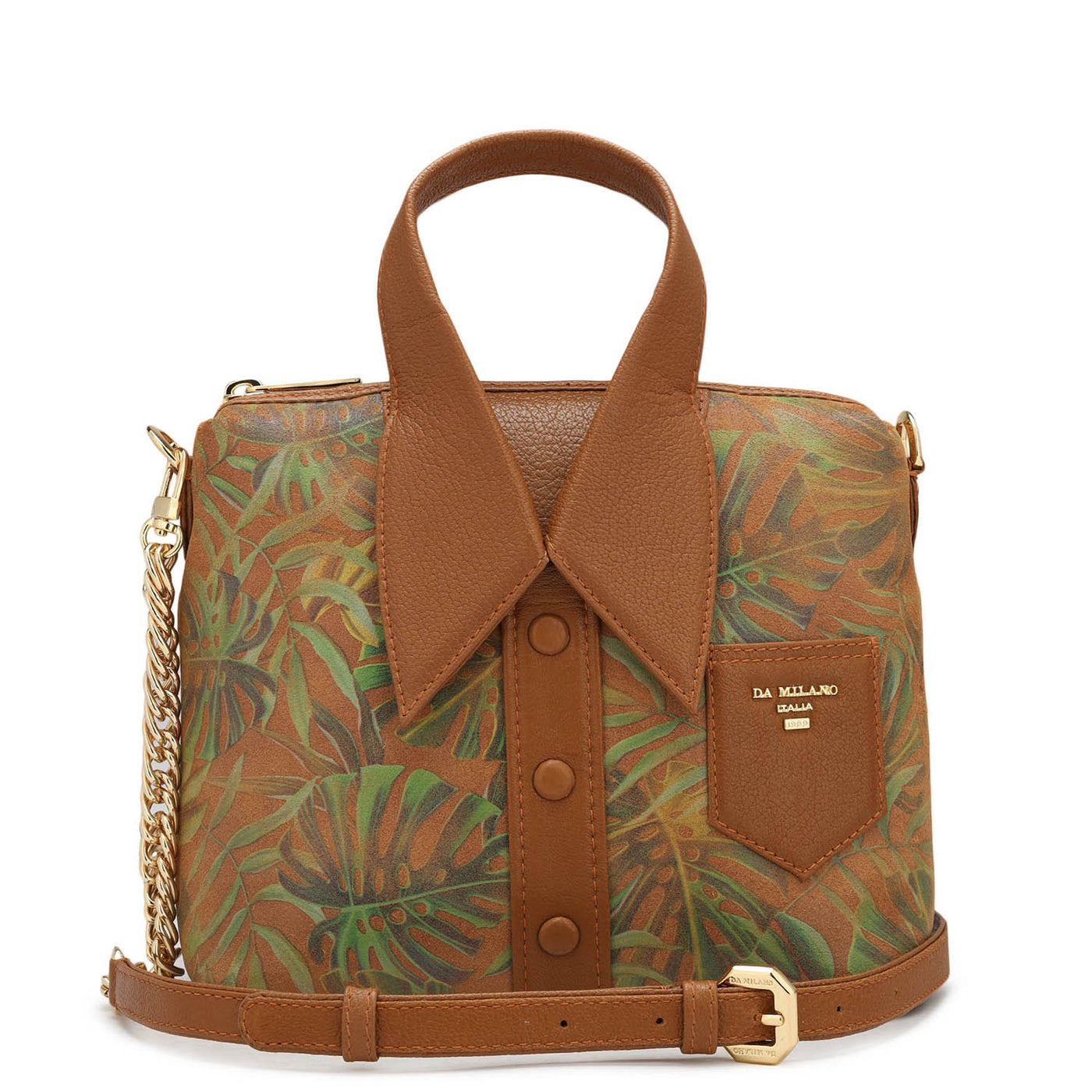 Small Floral Leather Satchel - Cognac