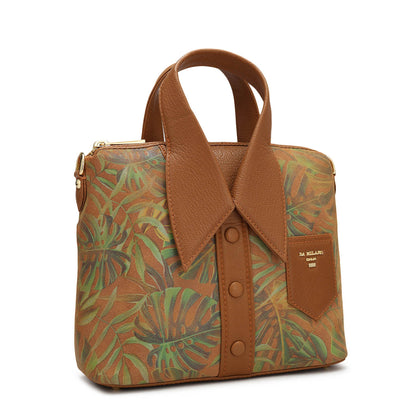 Small Floral Leather Satchel - Cognac