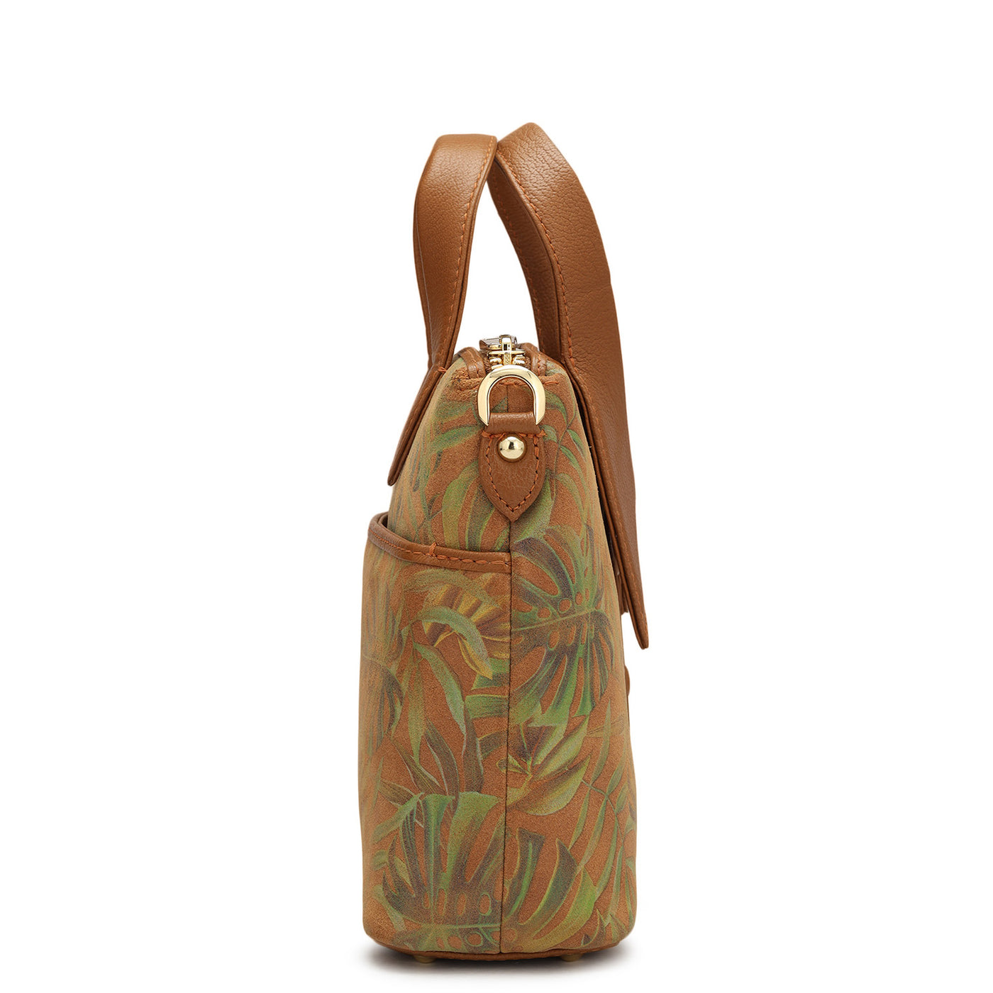 Small Floral Leather Satchel - Cognac