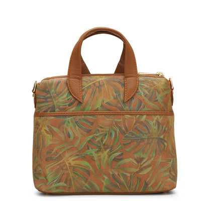 Small Floral Leather Satchel - Cognac