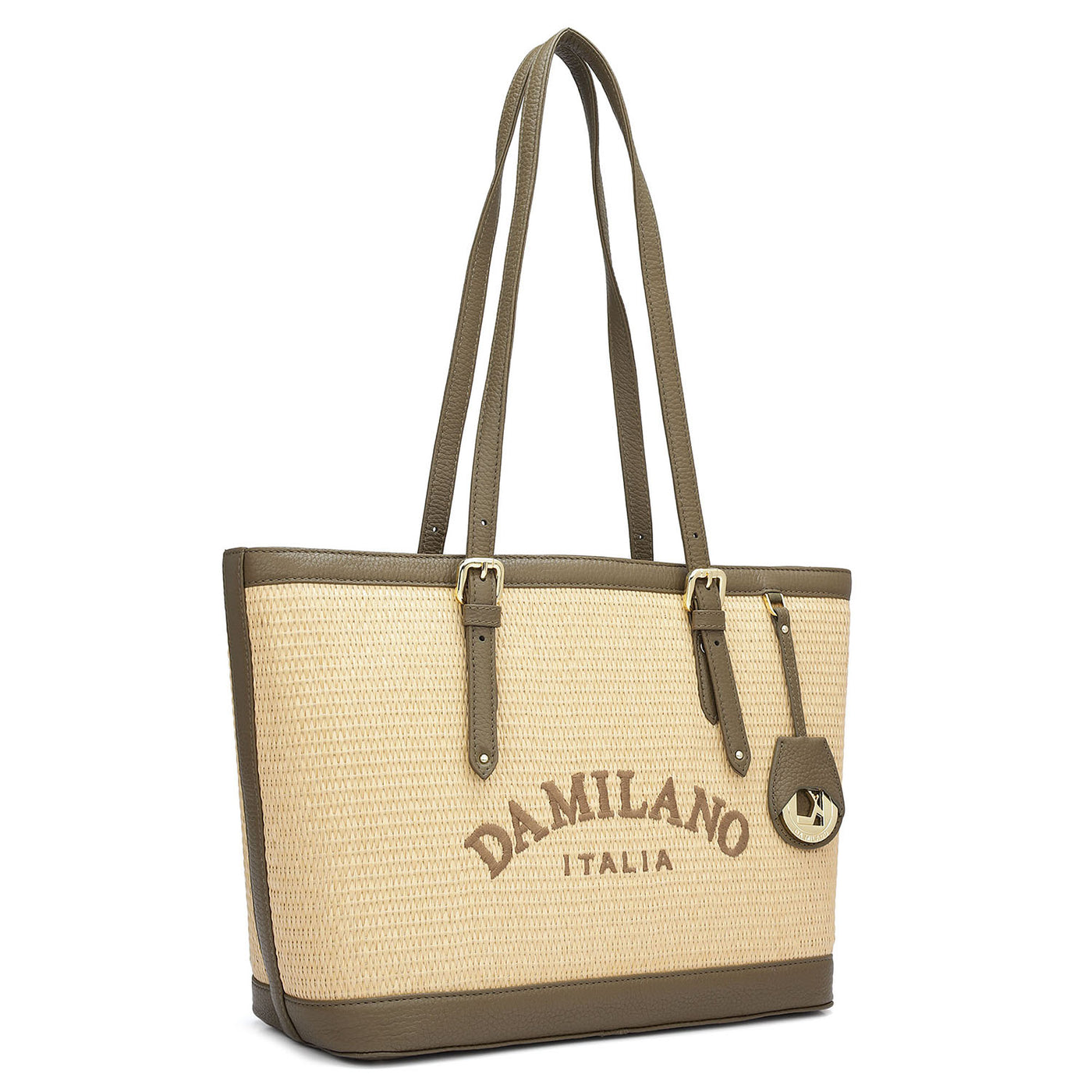 Medium Raffia Wax Leather Shoulder Bag - Beige & Moss