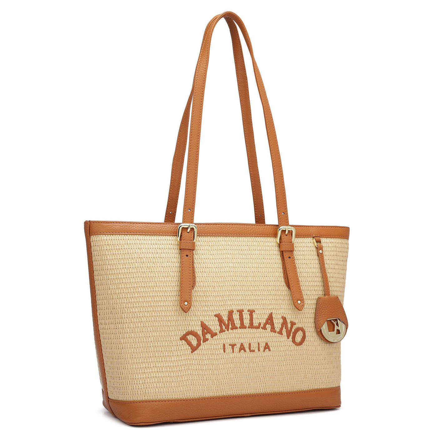 Medium Raffia Wax Leather Shoulder Bag - Beige & Orange