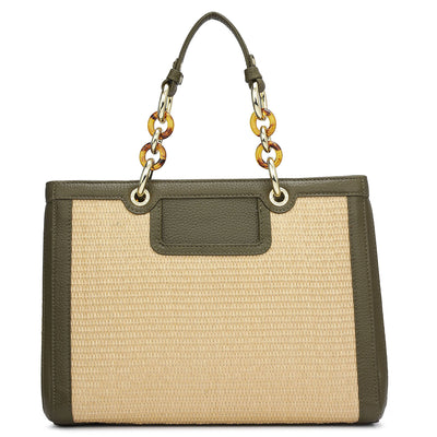 Medium Raffia Wax Leather Satchel - Beige & Moss