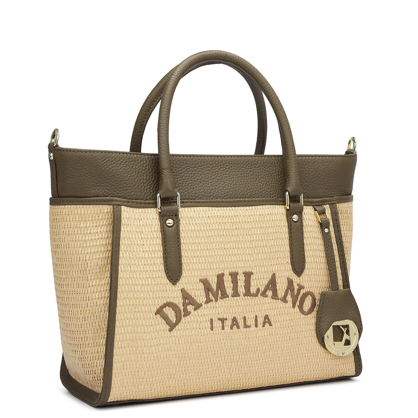 Medium Raffia Wax Leather Satchel - Beige & Moss