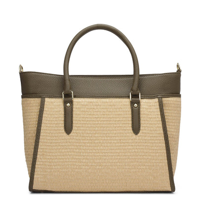 Medium Raffia Wax Leather Satchel - Beige & Moss