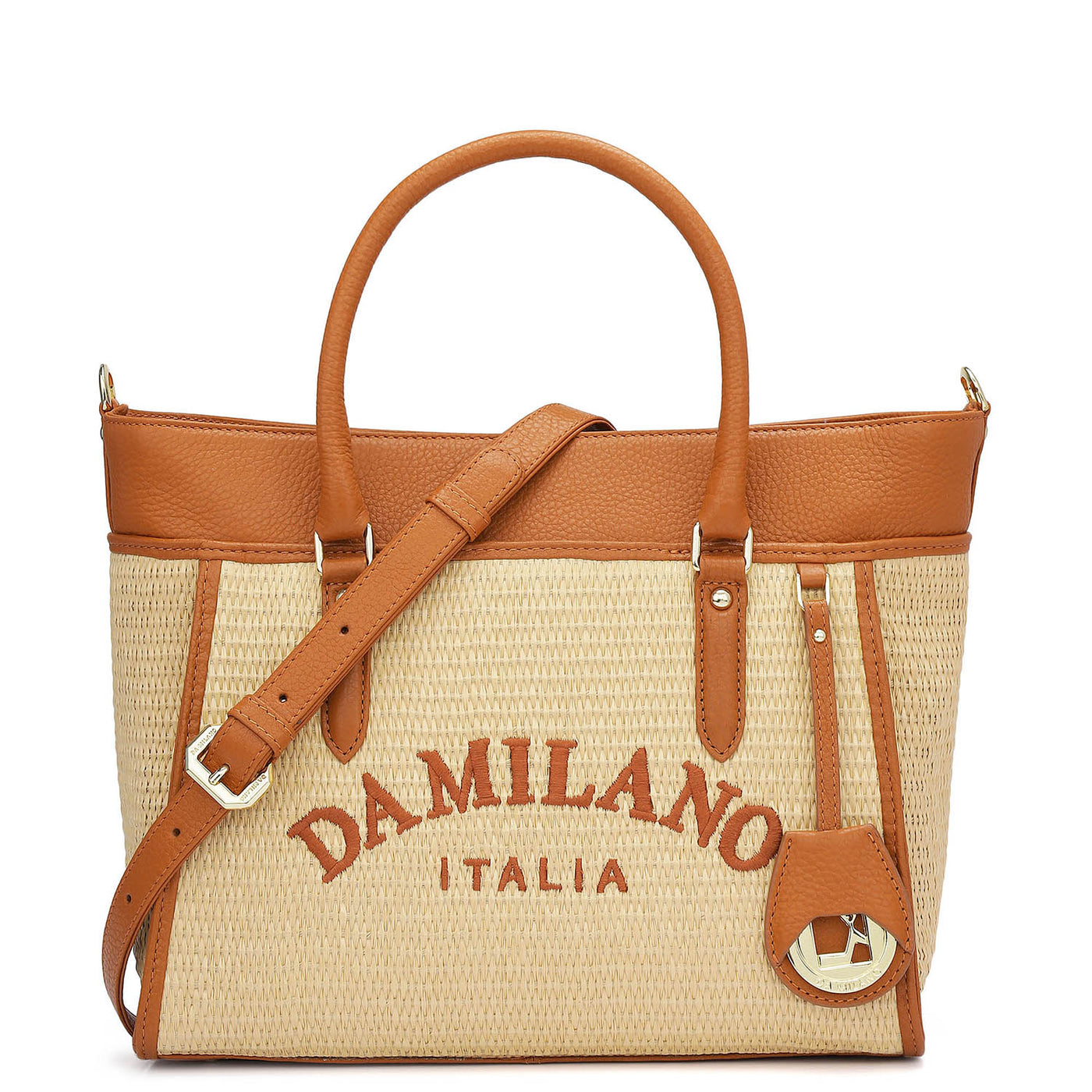 Medium Raffia Wax Leather Satchel - Beige & Orange