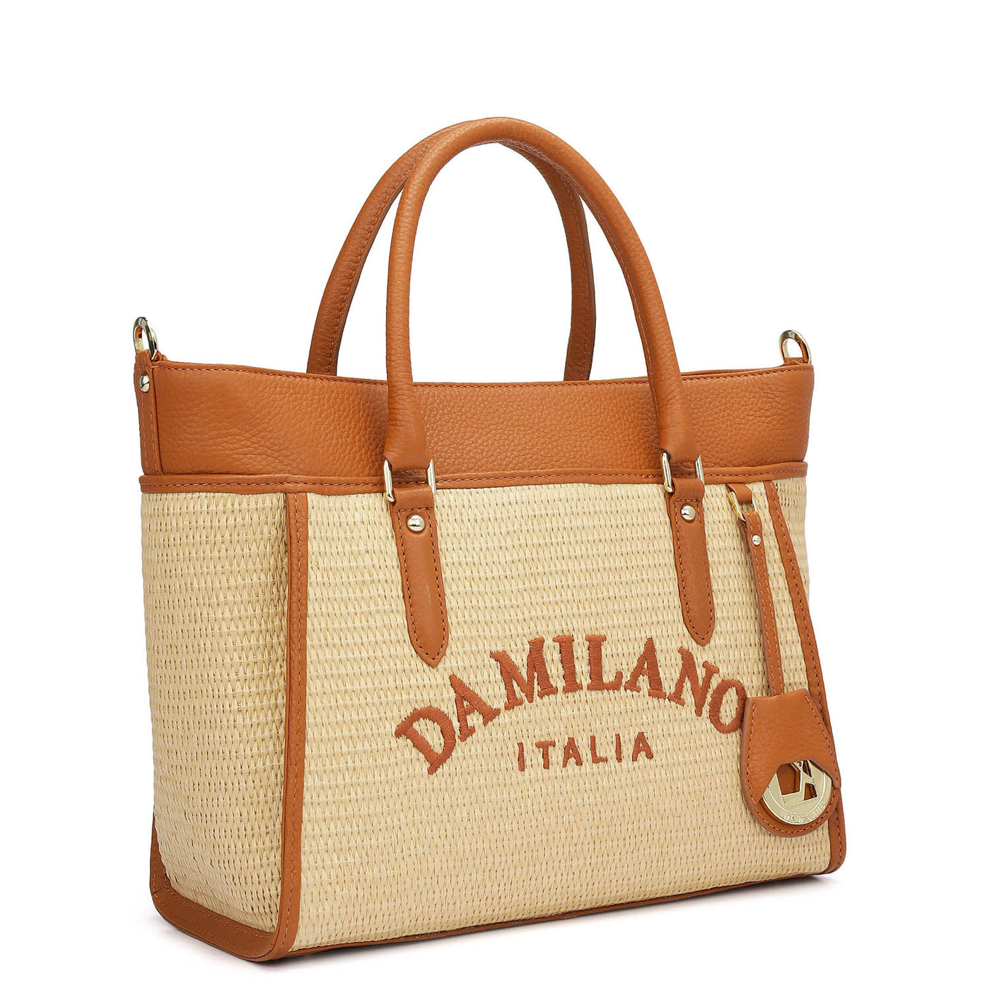 Medium Raffia Wax Leather Satchel - Beige & Orange