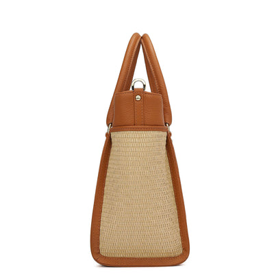 Medium Raffia Wax Leather Satchel - Beige & Orange