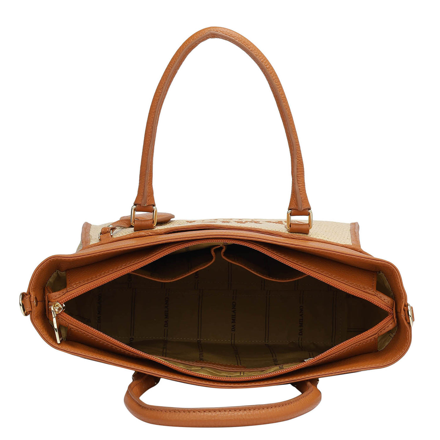 Medium Raffia Wax Leather Satchel - Beige & Orange