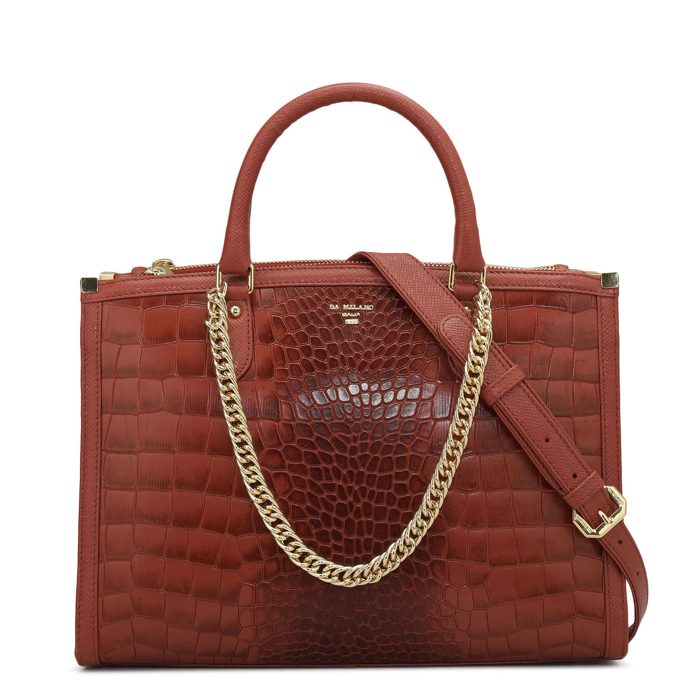 Medium Croco Leather Satchel - Brick