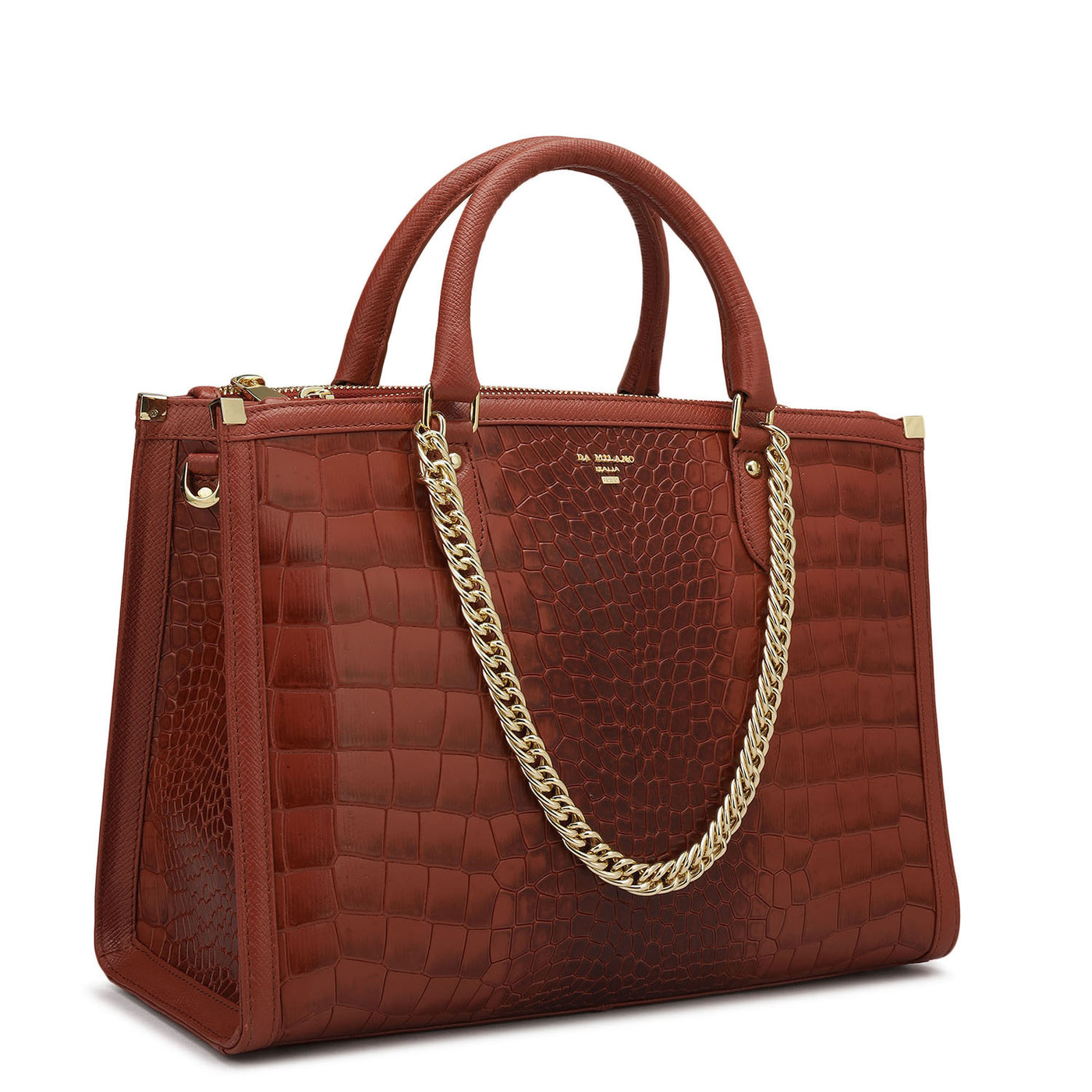 Medium Croco Leather Satchel - Brick