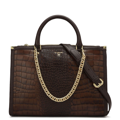 Medium Croco Leather Satchel - Brown