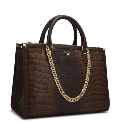 Medium Croco Leather Satchel - Brown