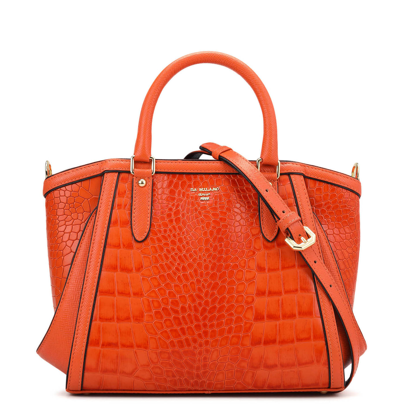 Small Croco Leather Satchel - Pumpkin