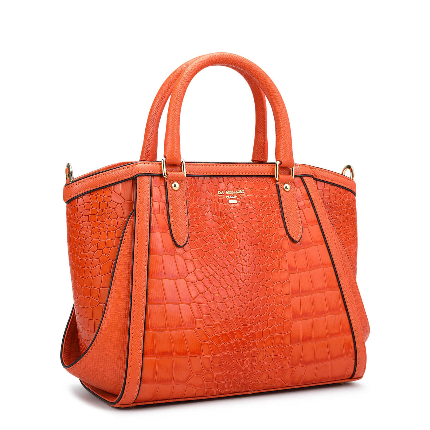 Small Croco Leather Satchel - Pumpkin