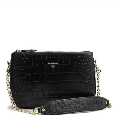 Small Croco Leather Shoulder Bag - Black