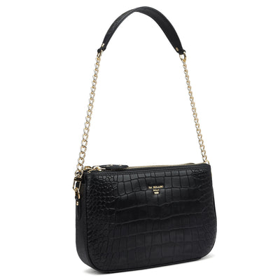 Small Croco Leather Shoulder Bag - Black