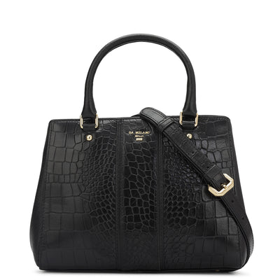 Small Croco Leather Satchel - Black