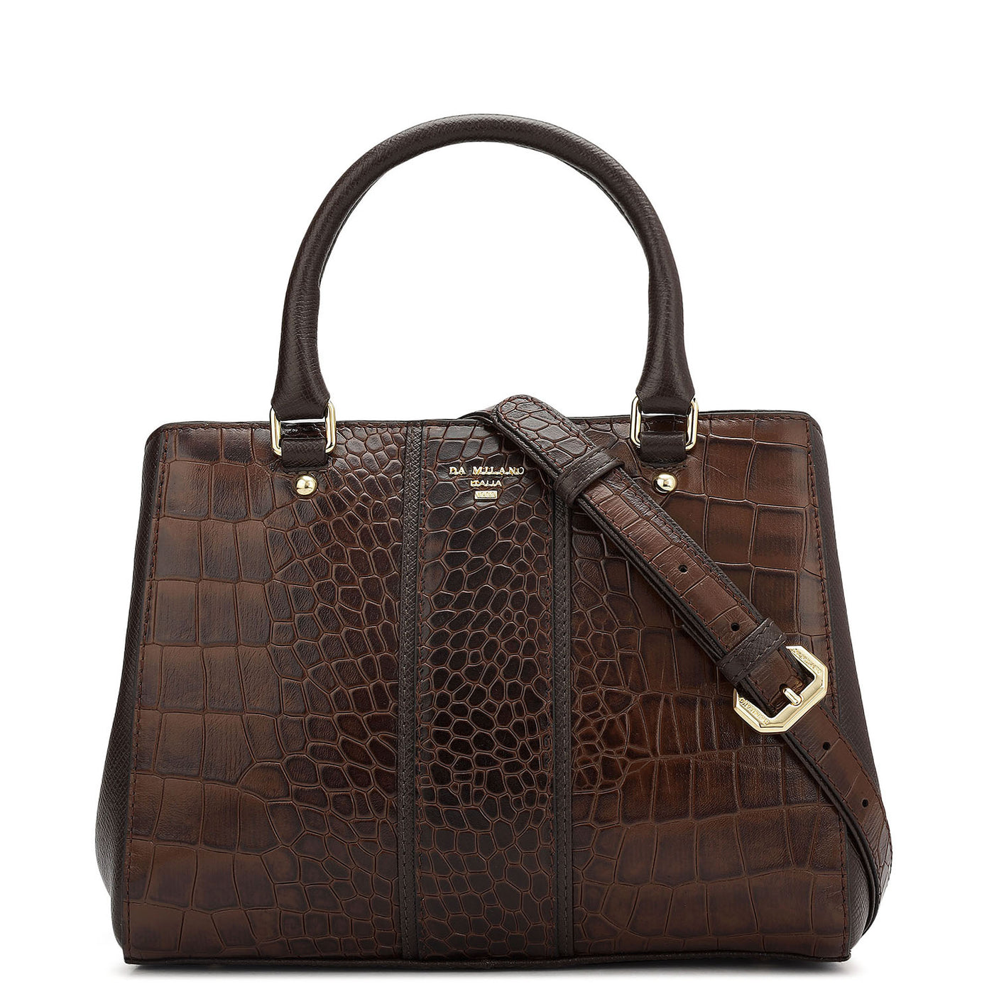 Small Croco Leather Satchel - Brown