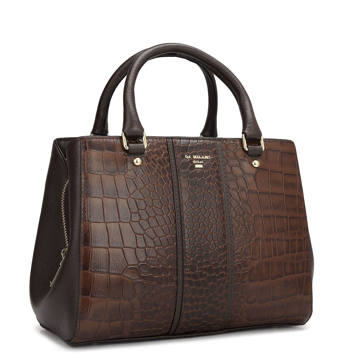 Small Croco Leather Satchel - Brown