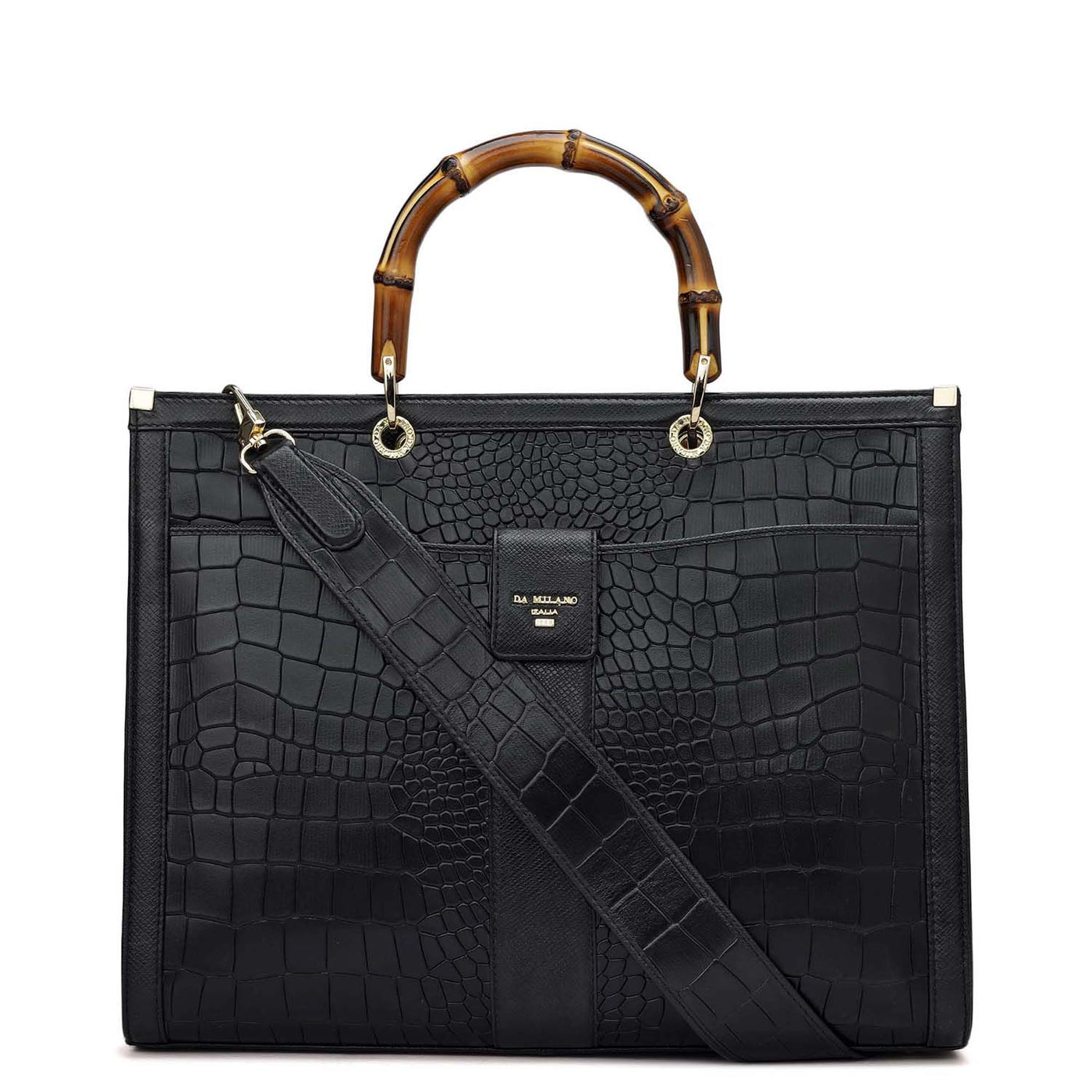 Medium Croco Leather Book Tote Black Da Milano