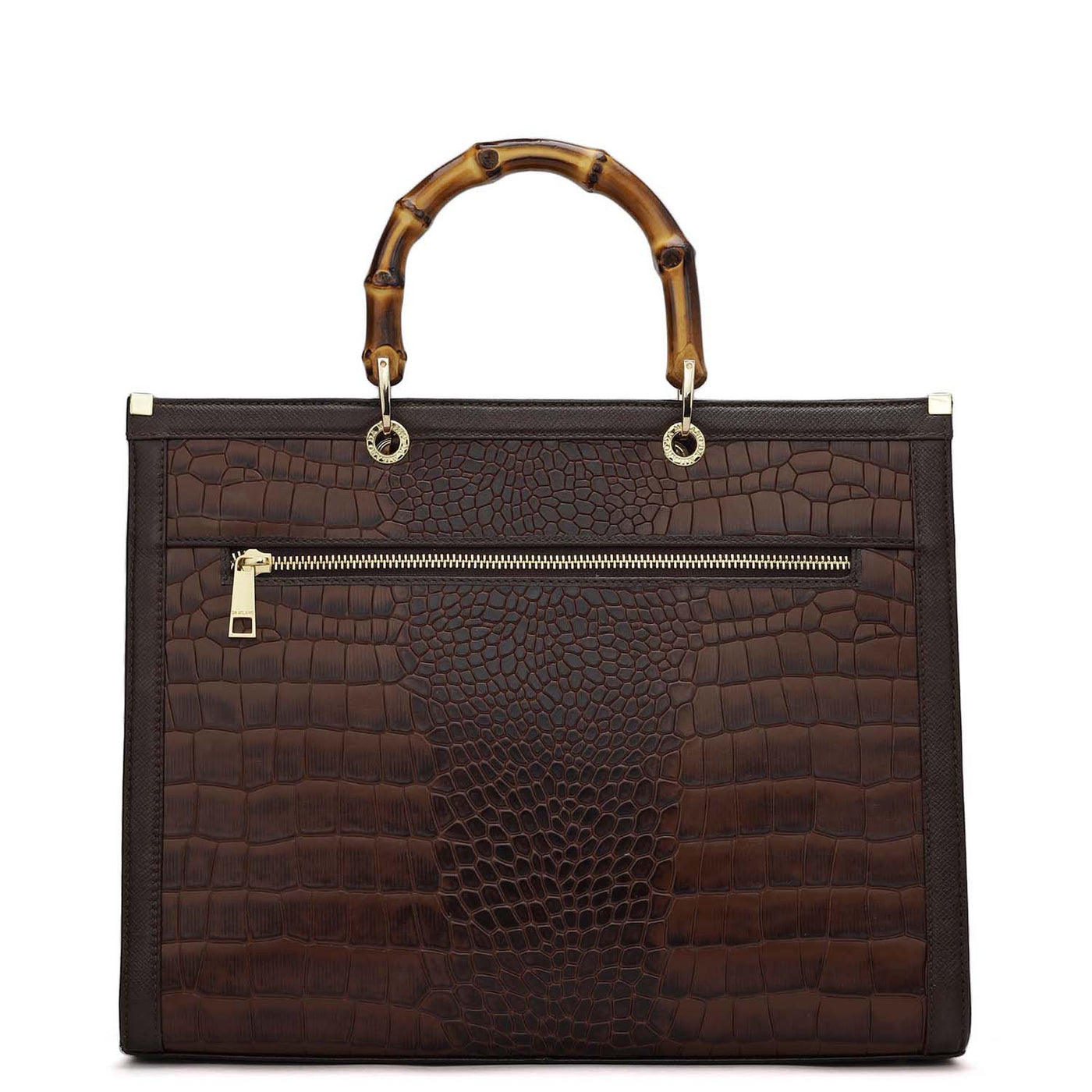 Medium Croco Leather Book Tote - Brown