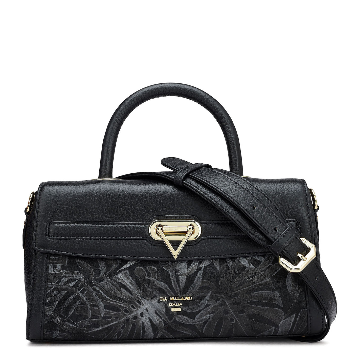 Small Floral Wax Leather Satchel - Black