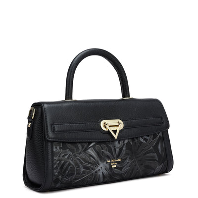 Small Floral Wax Leather Satchel - Black